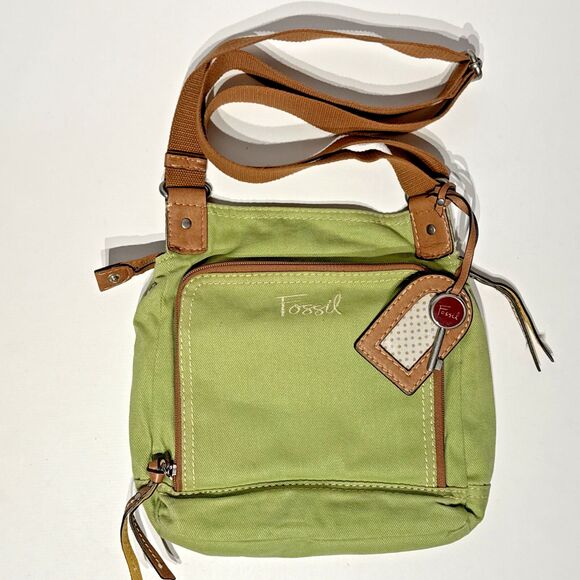 Vintage Fossil Boho Festival Crossbody Canvas Bag Purse Green Brown 10x10x3 (P3) - Picture 8 of 15